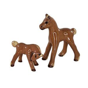 Vintage Japan Ceramic Horse Figurines Brown Glaze Set Of 2 Miniature Collectible